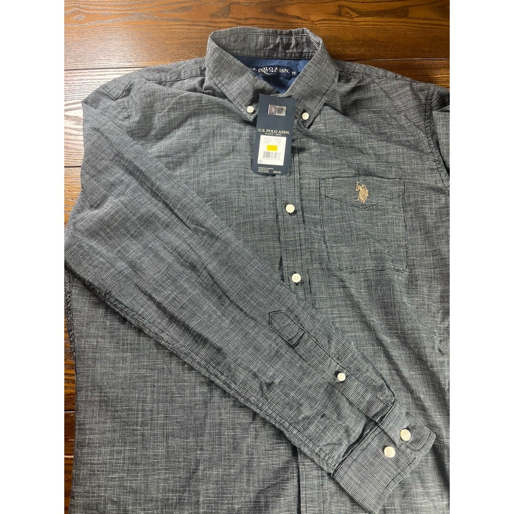 NEW US Polo Assn Long Sleeve Button Up Shirt Men's Medium Black Gray 100% Cotton